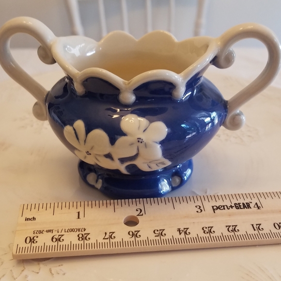 Set of 2 Beautiful Glazed  Ceramic Creamer Sugar Set Blue Floral - Picture 15 of 16